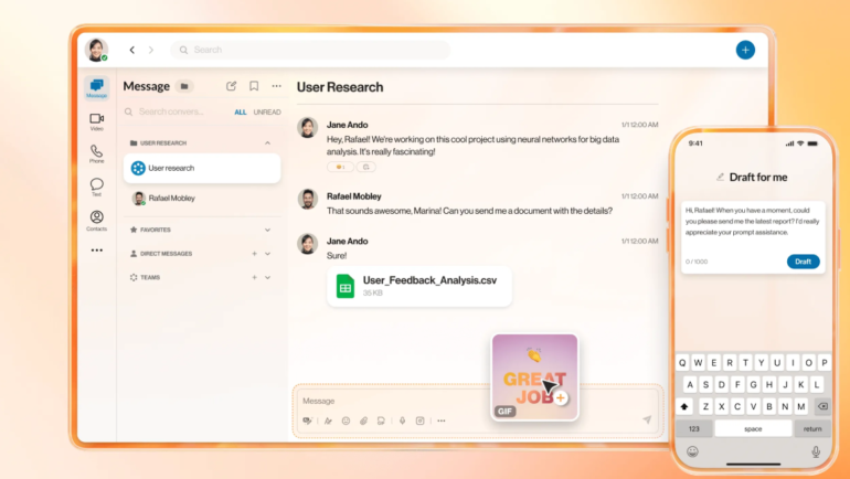 RingCentral desktop and mobile app with team message thread featuring file sharing and AI-generated message drafts.