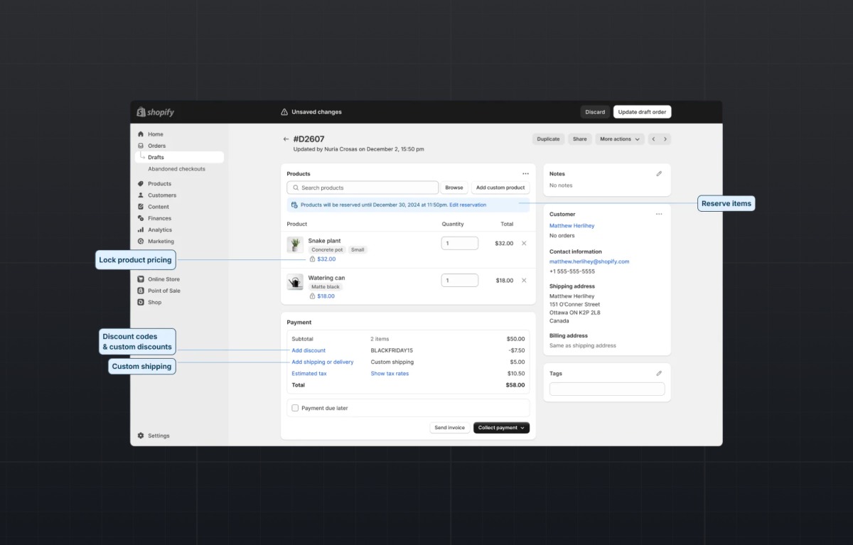 Shopify draft order screen with B2B features highlighted. Labels point to options for locking product pricing, applying discount codes and custom discounts, setting custom shipping rates, and reserving items. The draft order includes two products, customer information, and payment summary with a discount applied.