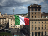 Italian flag in piazza Venezia in Rome