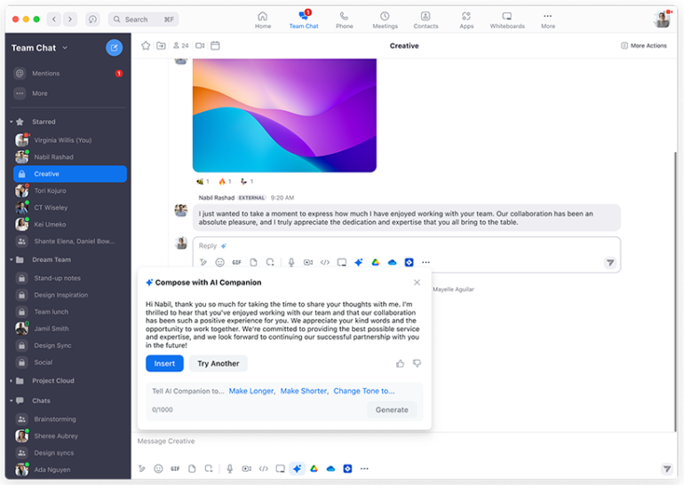 Private Zoom group with team chat conversation and AI-generated messaging.