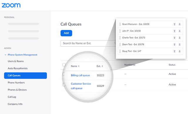 Zoom phone system management settings with call queues and extension list.