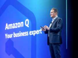 Picture of Generative AI virtual assistant Amazon Q unveiled by AWS CEO Adam Selipsky in 2023.