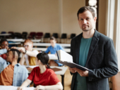 College professor teaching in class.