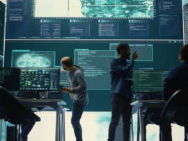 Governmental hackers analyzing cyber threats on big screens
