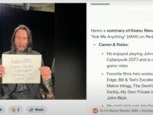 Screenshot from a demo video of Perplexity's AI-focused browser Comet. The demo shows a use case example featuring actor Keanu Reeves in a Reddit AMA.