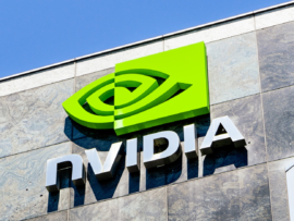 The NVIDIA logo and symbol displayed on the facade of one of their office buildings located in the Company's campus in Silicon Valley.
