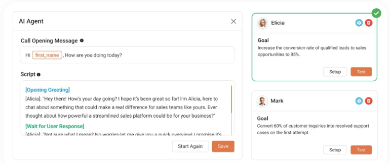 Callhippo AI agents script with custom greetings and user response.