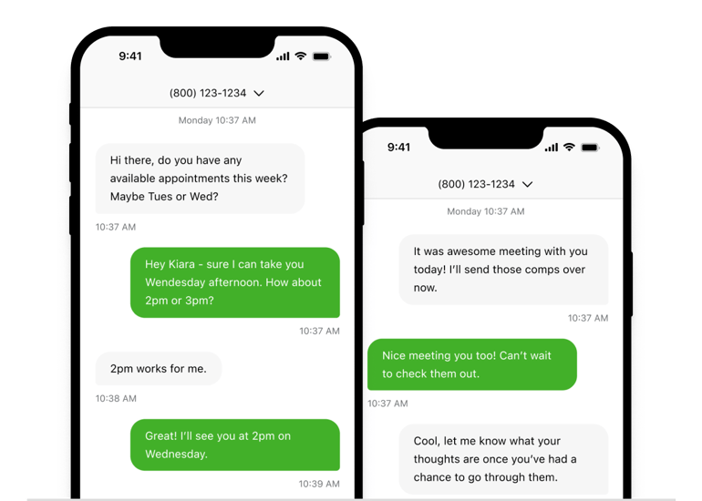 Two mobile phone screens with Grasshopper text messages in the phone app.