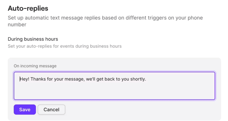 OpenPhone Auto Replies with customizable messages for incoming calls.