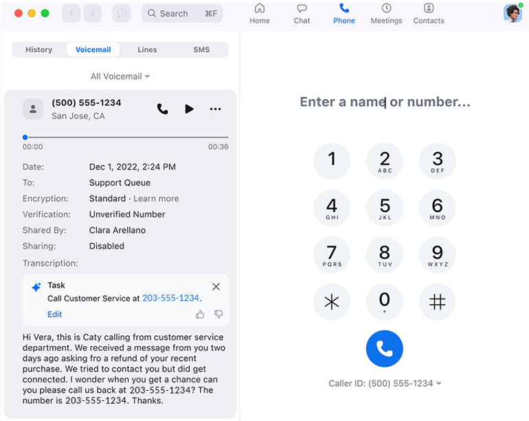 Zoom Phone desktop app with voicemail transcription.