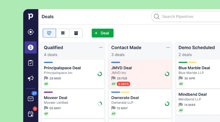 Pipedrive’s visual pipeline keeps deals organized by stage and flags overdue actions automatically.