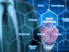 Social engineering on a hexagonal design pointed by a man.