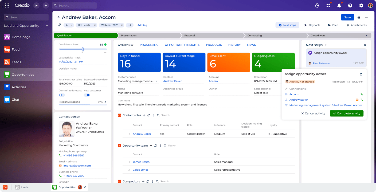 Creatio’s lead and opportunity view helps enterprise teams manage forecasts, roles, and next steps.