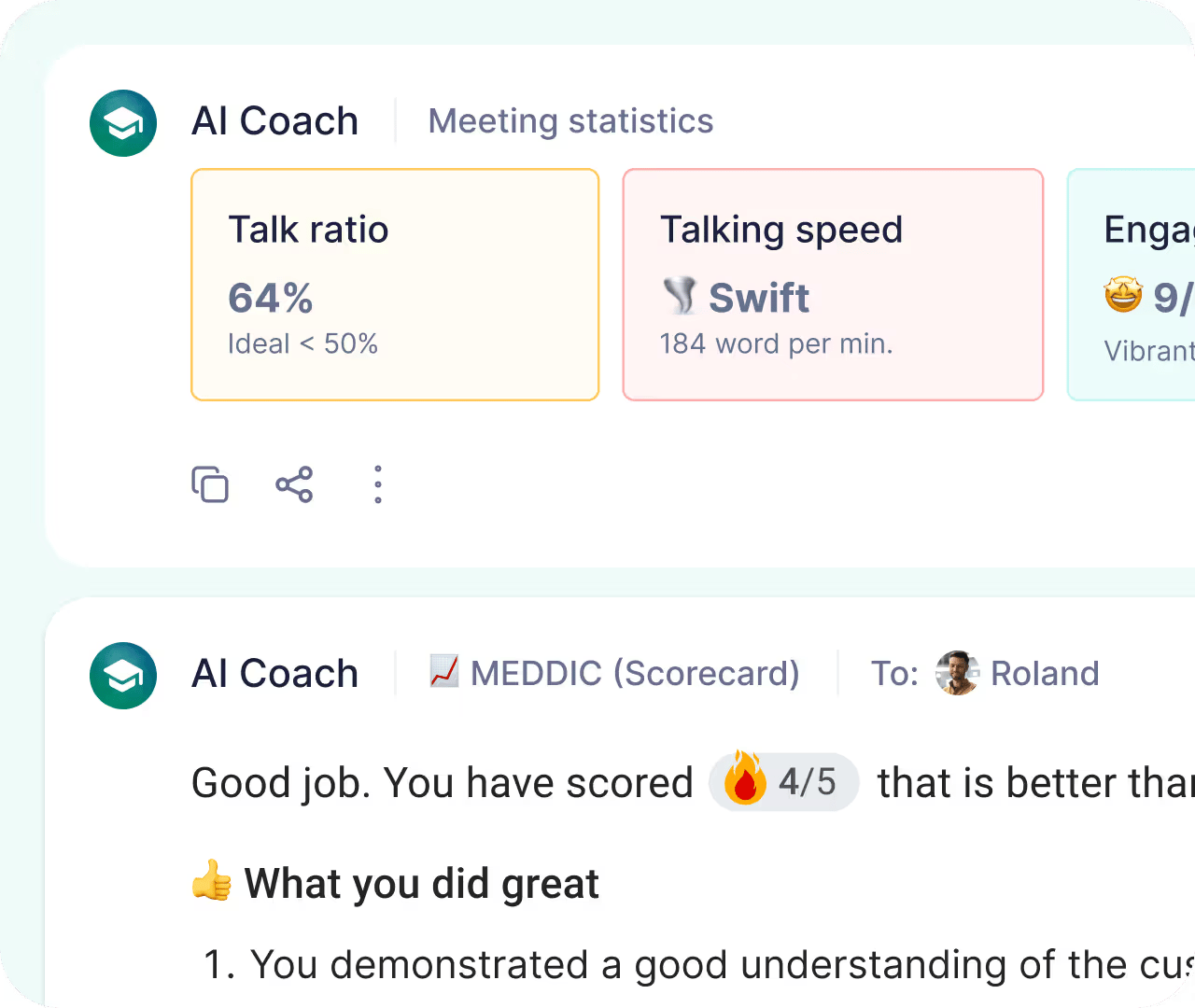 Demodesk’s AI Coach scores every call and gives reps instant feedback on talk ratio, pacing, and engagement.