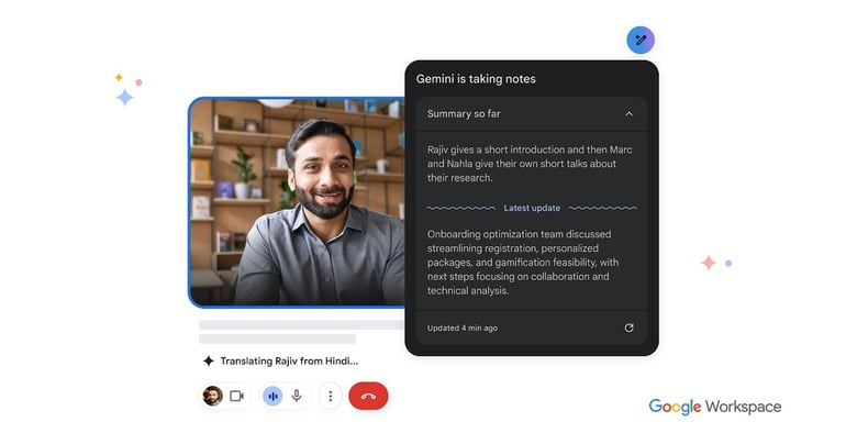Google Meet screen with Gemini taking notes with real-time language translation.