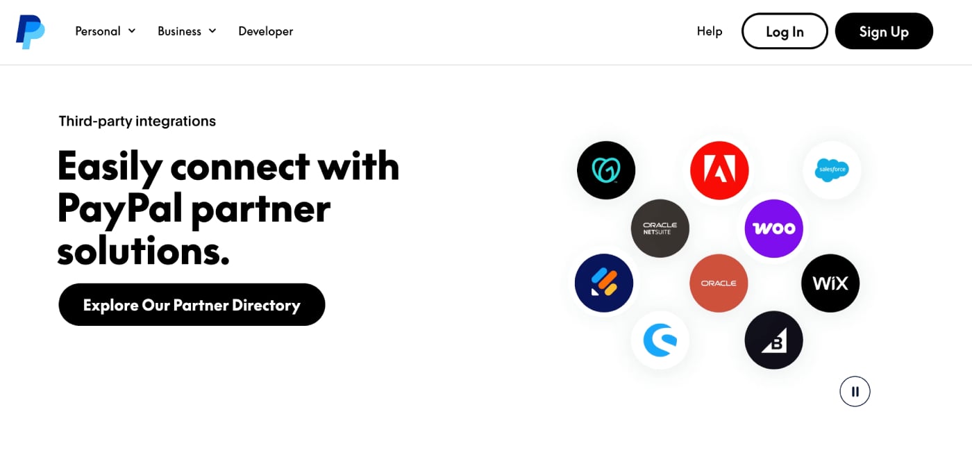 PayPal webpage highlighting third-party integrations with partner logos including Adobe, Salesforce, Oracle, WooCommerce, Wix, and others, alongside directory button.