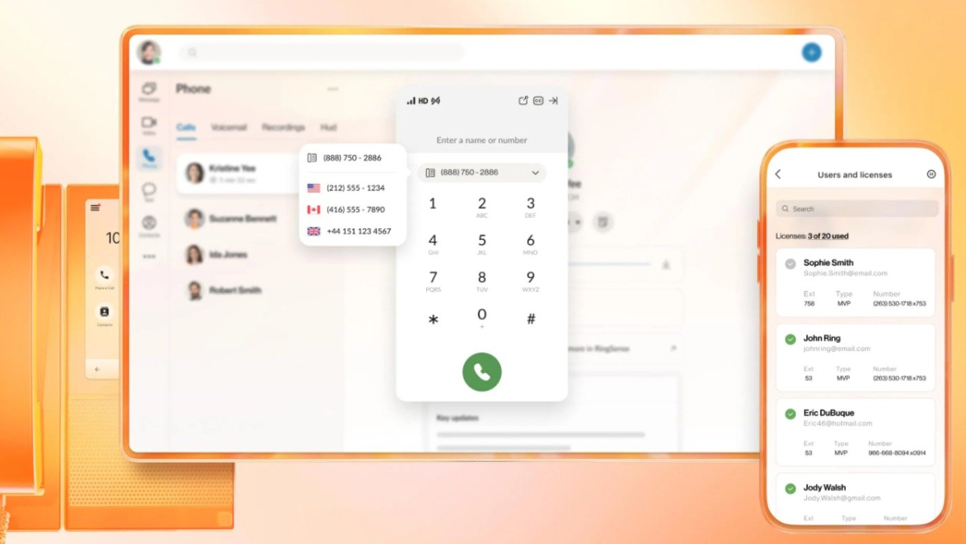 RingCentral desktop and mobile app with phone dialpad featuring international numbers.
