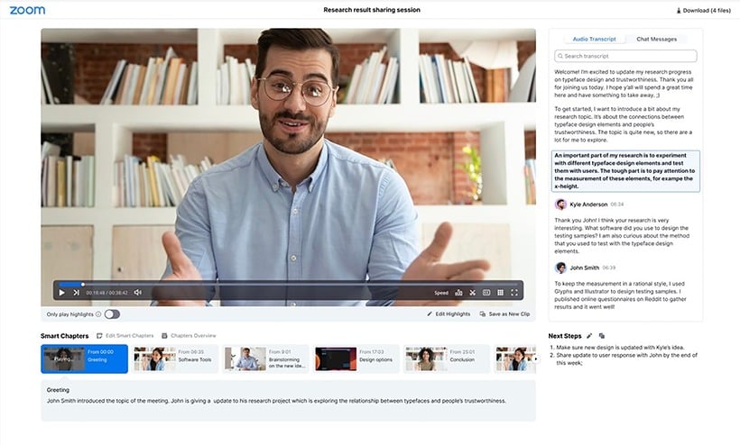 Zoom smart recording with audio transcript and chapters in the desktop app.