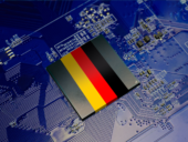 Flag of Germany on CPU operating chipset computer electronic circuit board
