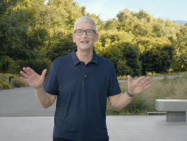 Apple CEO Tim Cook presents from the company’s Cupertino headquarters on the September keynote. Screenshot is by Mary Weilage.