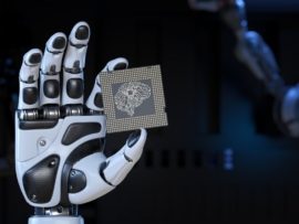 Robot's Hand Holding an Artificial Intelligence Computer Processor Unit