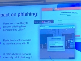 Slide about AI’s impact on phishing during an email security roundtable event at this week’s Proofpoint Protect 2025 conference in Nashville, Tennessee.