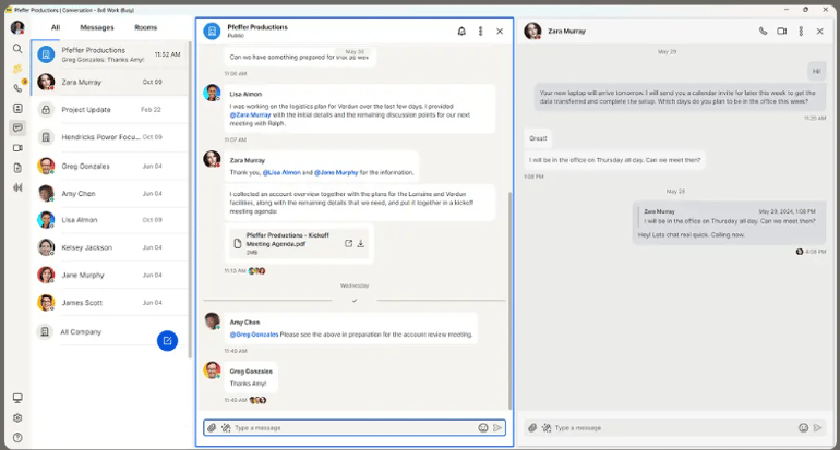 8x8 dashboard with team messaging conversation history.