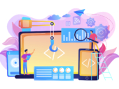 Engineer and developer with laptop and tablet code.