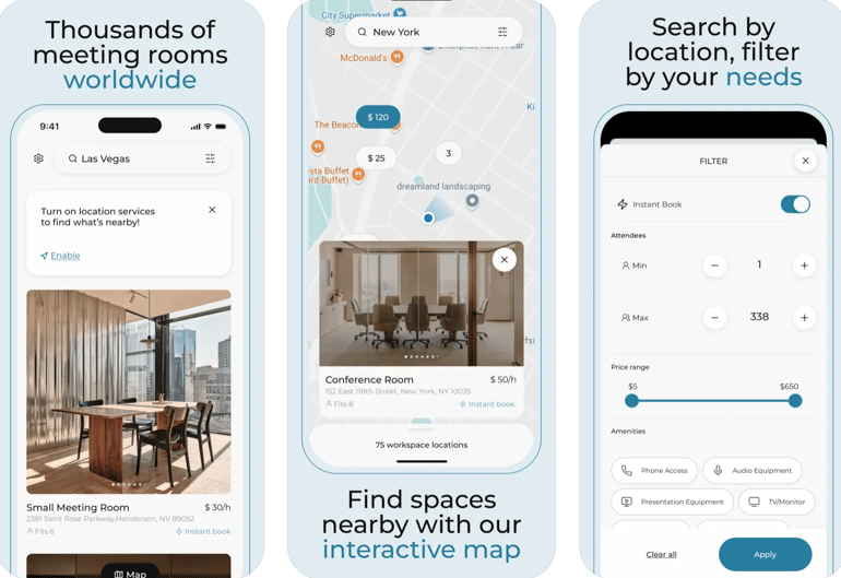 Alliance Virtual Offices mobile app showing available meeting rooms in Las Vegas and New York, with filters for attendees, price range, and amenities.