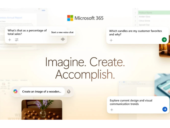 A promotional image for Microsoft 365 or Microsoft Copilot, featuring a central text 'Imagine. Create. Accomplish.' surrounded by various AI-powered interaction examples, including queries about sales data, customer preferences for candles, generating an image of a wooden object, and exploring design trends.