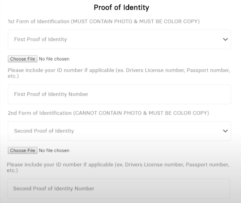 Davinci Virtual identity verification form requesting photo and non-photo IDs with upload fields for proof of identity.