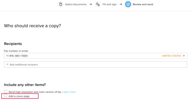 Dropbox Fax interface displaying recipient input, document upload, and a checkbox for adding a cover page.