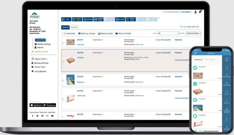 iPostal1 web and mobile dashboard displaying digital mailbox contents, including packages, letters, and magazines.