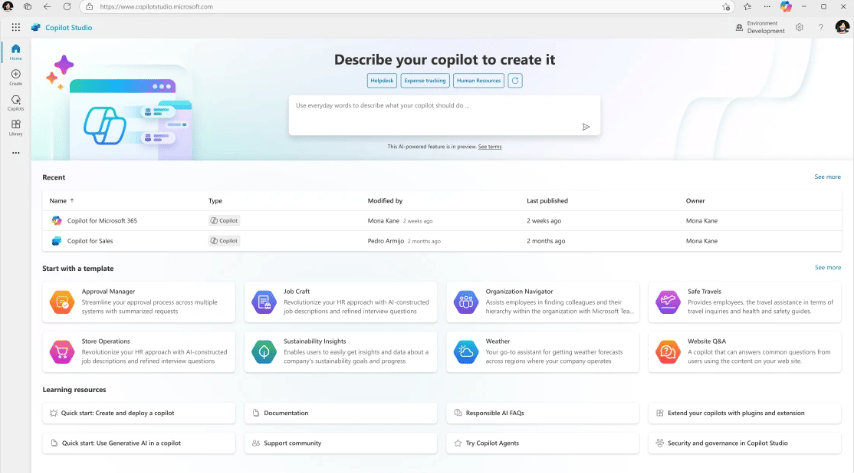 Microsoft Copilot Studio with customizable AI agents and templates.