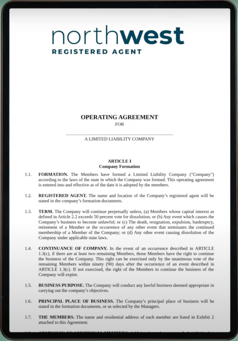 Digital document titled “Operating Agreement for a Limited Liability Company” under Northwest Registered Agent branding