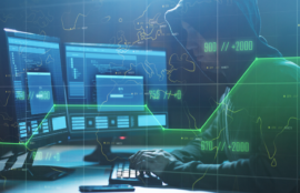 Cybercrime, Hacking And Technology Concept - Male Hacker With Progress Loading Bar On Computer'S