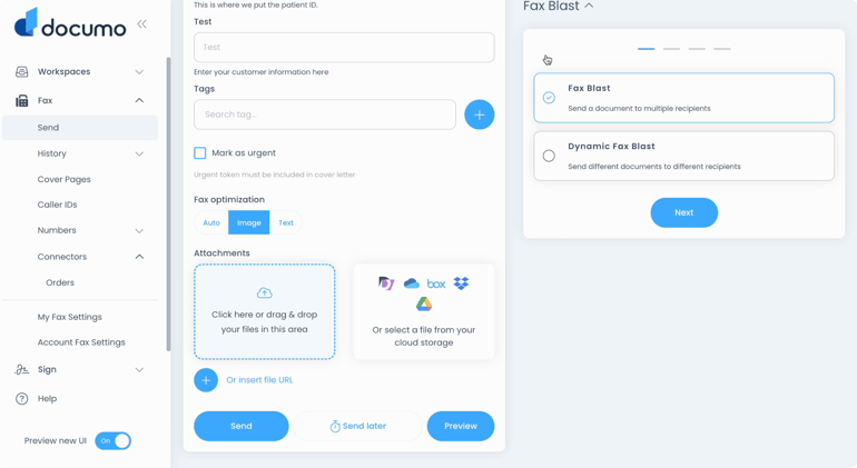 Documo fax interface highlighting Fax Blast feature, attachment area, urgency tag, and cloud storage integrations.