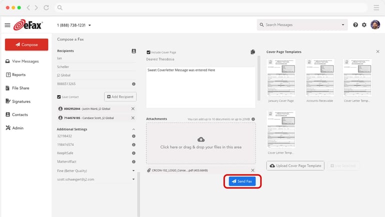 eFax dashboard showing a new fax composition screen with recipient fields, cover page templates, and file attachment options.