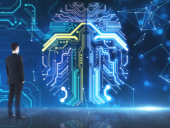 Machine learning concept with businessman looking at digital screen with circuit human brain.