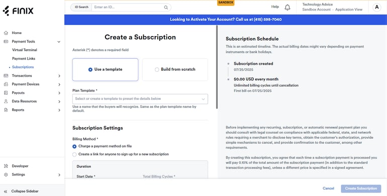 Finix has a Sandbox account that allows merchants to explore its dashboard before signing up.