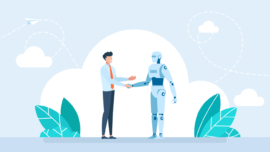 Ai robot and businessman handshake together.