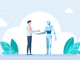 Ai robot and businessman handshake together.