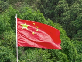 A Chinese flag waves against a lush green background of trees