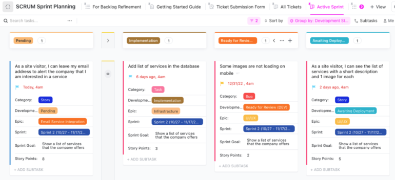 A ClickUp sprint board displaying columns for Pending, Implementation, Ready for Review, and Awaiting Deployment, each with detailed task cards.