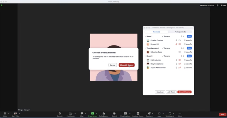 Closing rooms in Zoom.