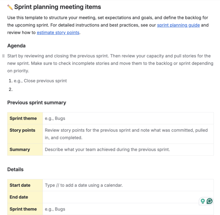 A Confluence sprint planning document featuring sections for checklists, previous sprint summaries, capacity tracking, and risk management fields.