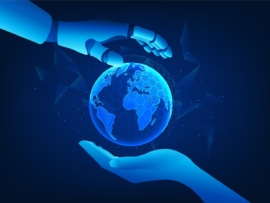 A robotic hand and a human hand gently cradle a glowing, holographic globe of the Earth, symbolizing collaboration between technology and humanity.