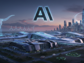 AI-generated image of a futuristic world with data centers.