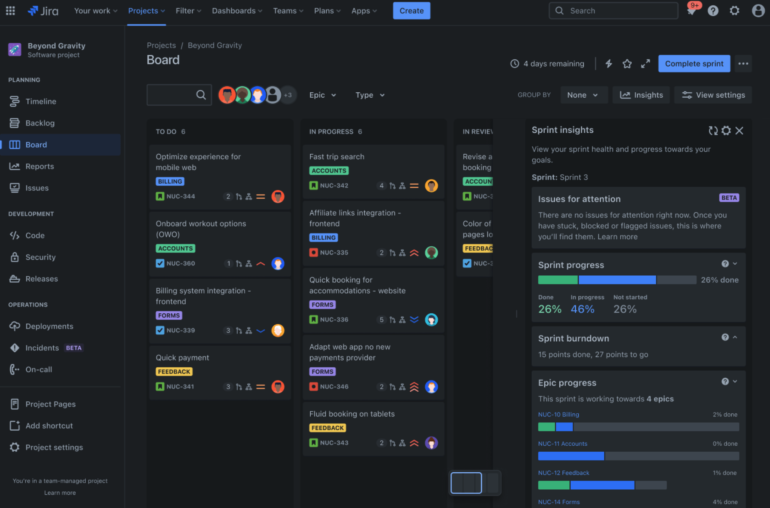 A Jira interface in dark mode showing columns for To Do, In Progress, and In Review, with sprint progress and burndown insights on the right panel.