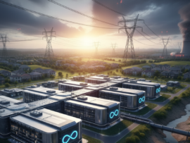Large Meta AI data center complex with a power plant and transmission lines nearby.